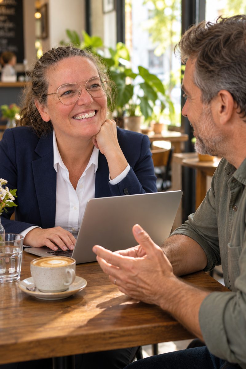 Intakegesprek aan een tafel met koffie
